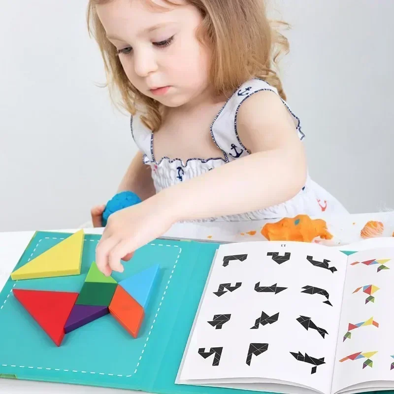 Wooden Jigsaw Magnetic Tangram Puzzle Book Educational Toys For Children Baby Kid Portable Montessori Learning Intelligence Hot