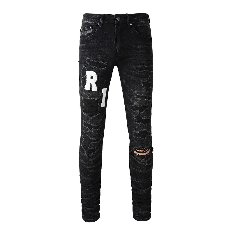 

Men's High Street Embroidered Letter Patches Jeans Distressed Ripped Holes Slim Fit Stretchy Skinny Pants