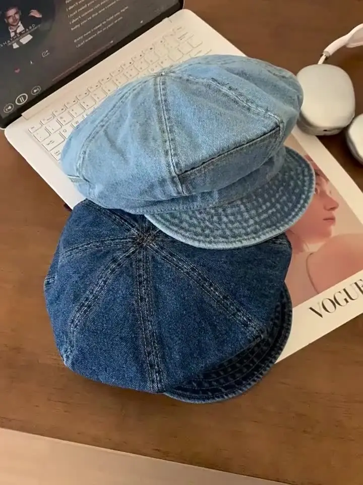 Japanese Retro Denim Cloud Berets Cap for Women Spring and Summer