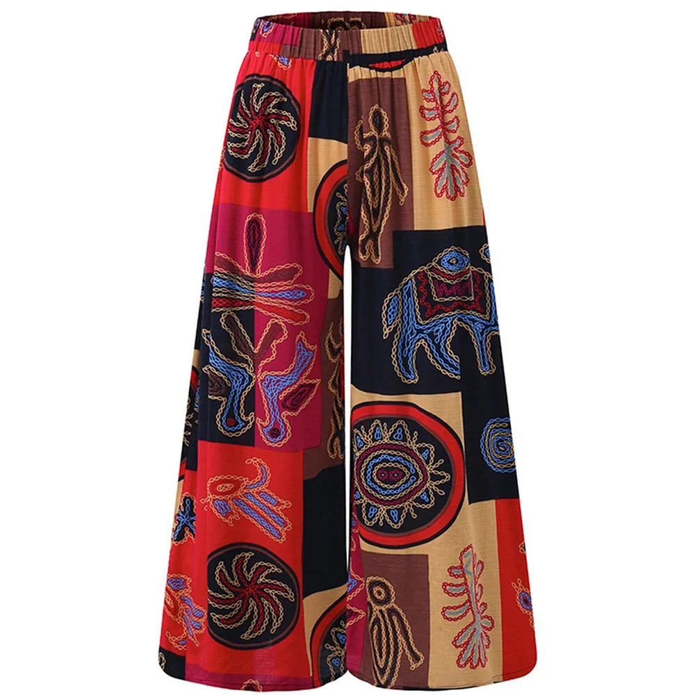 Vintage Linen Elastic Waist Wide Leg Pants Ethnic Print Women Long Trousers Summer Casual Loose Pants Female Boho Clothes