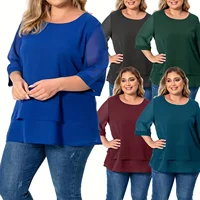 Plus size women's spring & summer fashionable simple solid color double layer chiffon three-quarter sleeve round neck clear top。