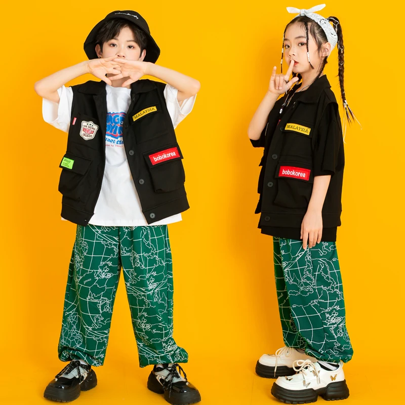 

Детская одежда для шоу, одежда в стиле хип-хоп, карго-жилет, футболка с принтом, повседневные уличные штаны для бега для девочек и мальчиков, костюм для джазовых танцев, одежда