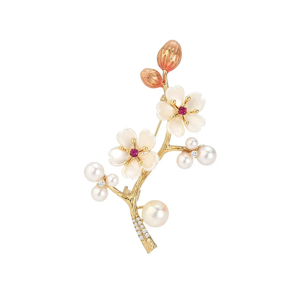 

2024 New Peach Blossom Branch Zirconia Brooch Pin Elegant Enamel Flower Pearl Corsage Fashion Trendy Clothing Ornament Jewelry