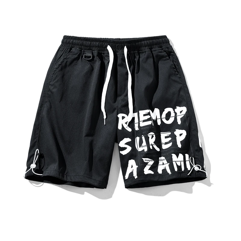 Men's Summer Elastic High Waist Pockets Letter Bandage Printing Drawstring Casual Loose Trousers Fashion Vacation Punk Shorts