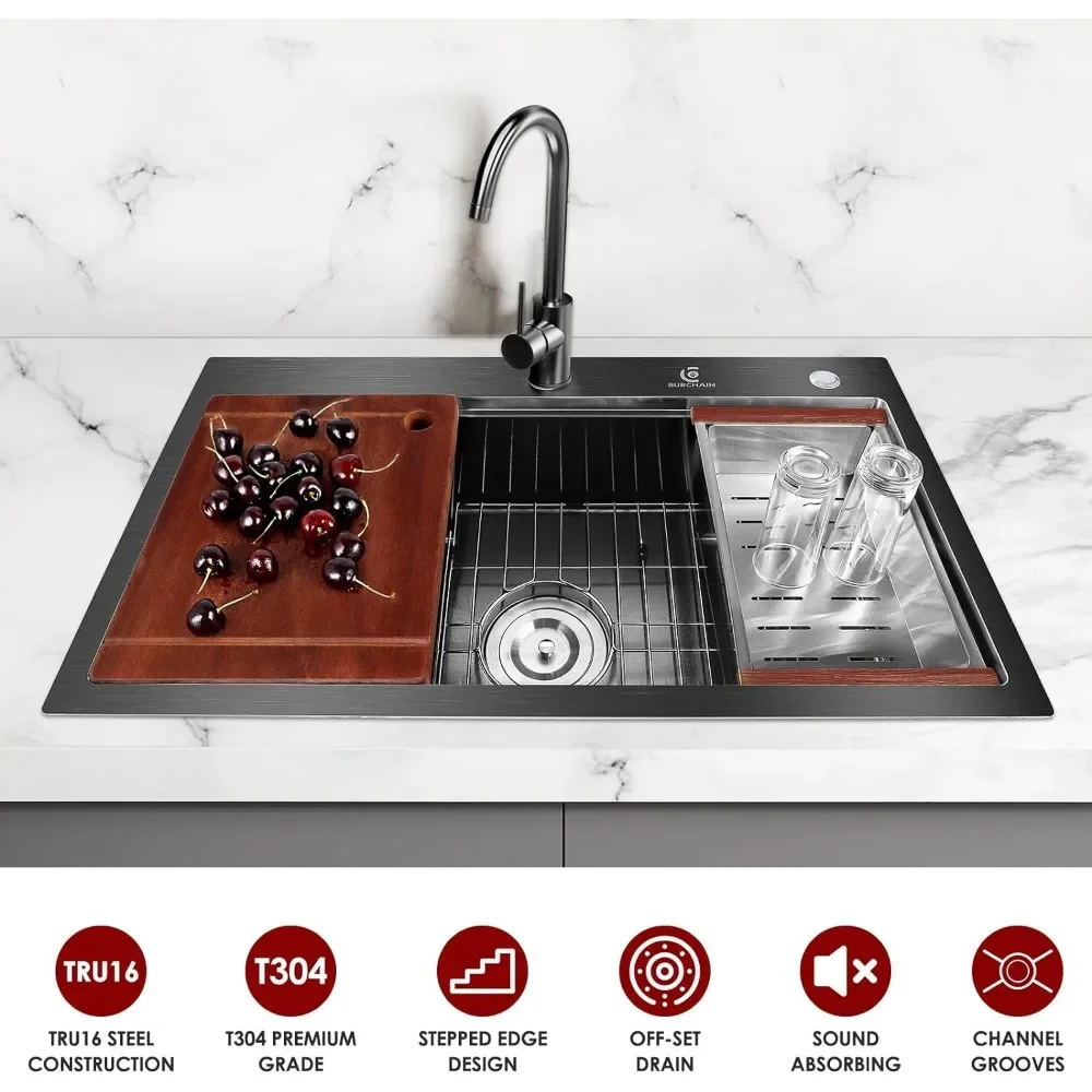 30 Inch Kitchen Sink, 16 Gauge Drop in Single Bowl Workstation Sinks 2-Hole Top Mount with 5 Accessories, Kitchen Sink