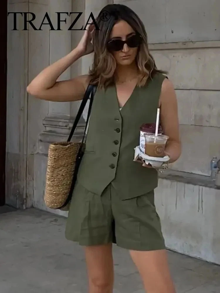 HH Summer Vests Shorts Suit For Women Casual V Neck Single Breasted Vest Top High Waist Pant Fashion Streetwear White Outfit