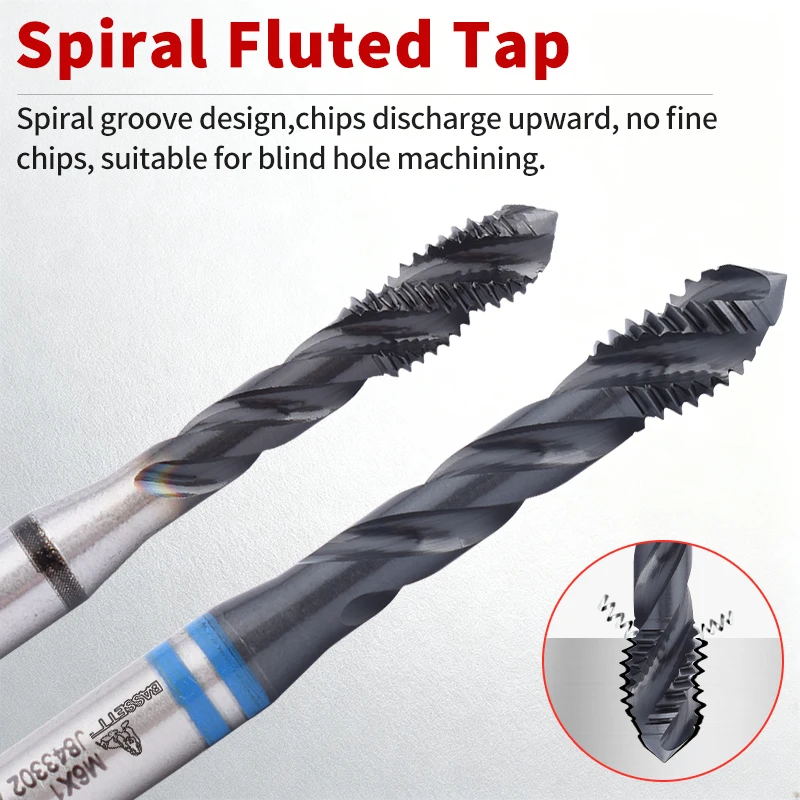 BASSETT 1pcs HSSE-PM JP 코팅 스파이럴 플루트 탭 스파이럴 포인트 탭 M2M2.5M3M4M5M6M8 M10 M12M14M16 기계 나사 탭