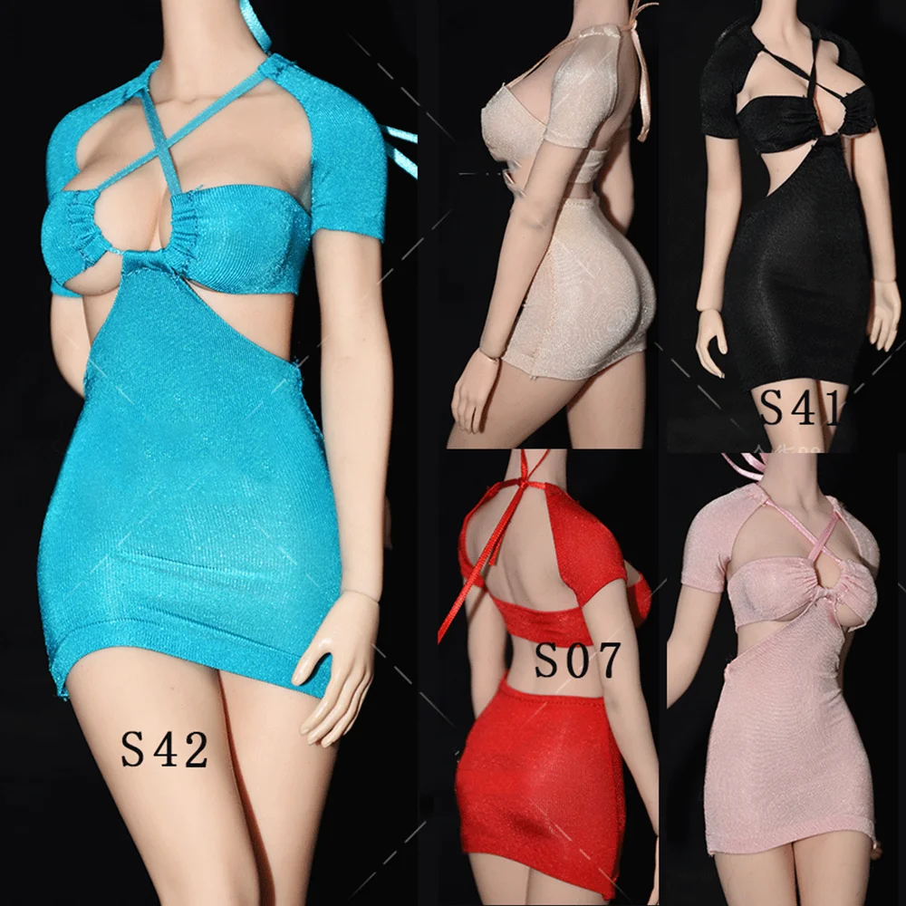 

1/6 Female Soldier Package Buttocks Ice Silk Ultrathin Dress Bareback Hollow Cross Tie Neck Tight Skirt Fit 12'' Action Figures