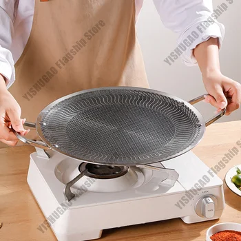 34CM Stainless steel Outdoor BBQ Grill Pan Non-Stick Home Baking Tray Grill Plate Camping Pot Frying pan wok Kitchen Cookware