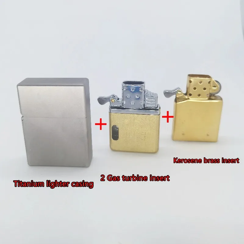Windproof Titanium Shell Lighter with Brass Oil and Dual Gas Inserts - Durable and Waterproof Men's Gift