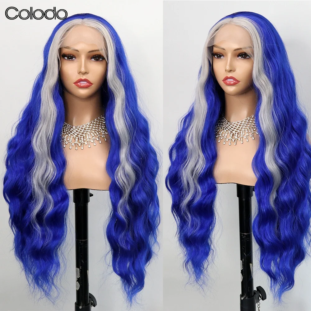 

COLODO Body Wave Lace Front Wig for Woman Ombre Grey Blue Wig Drag Queen Glueless Cosplay 30 Inches Heat Resistant High Quality