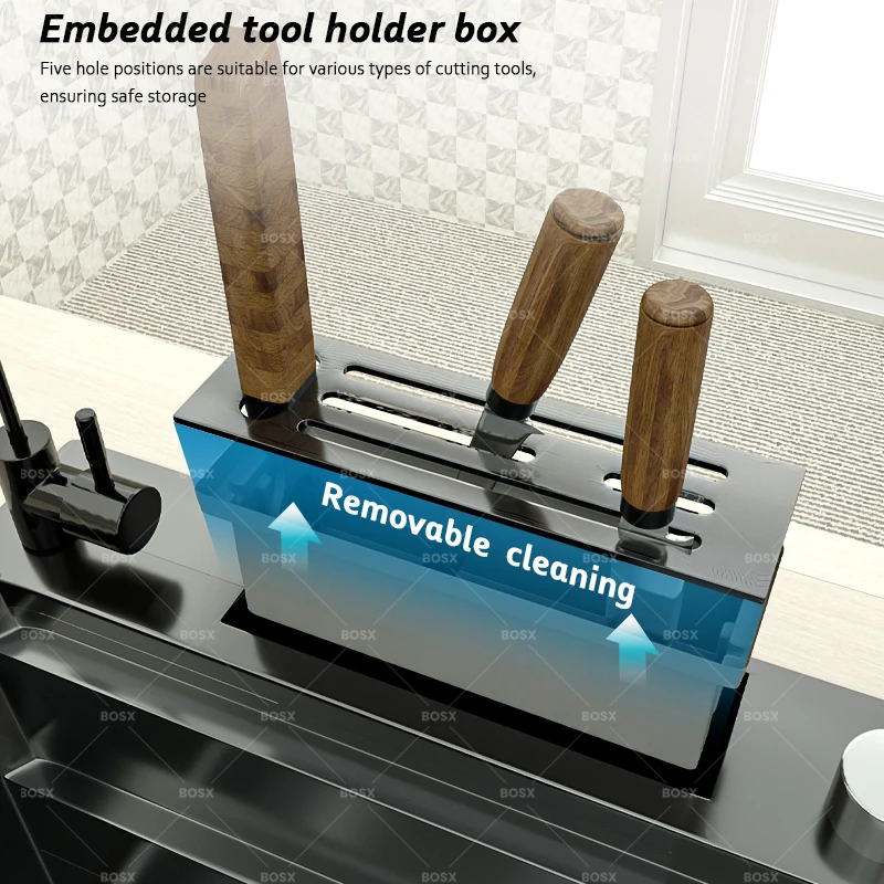 Kitchen Sink Stainless Steel Large Single Slot Multifunctional Waterfall Faucet Dishwashing and Vegetable Basin