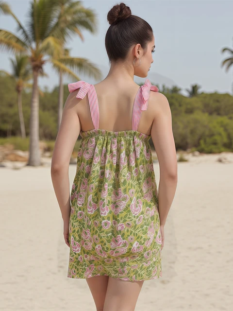 Women s Boho Floral Print Sleeveless Dress with Tie-Up Straps Loose A-Line Mini Dress for Beach Club Streetwear and Parties 3