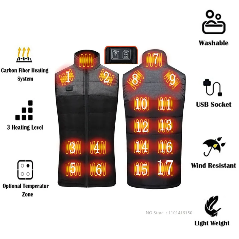 17 Area Usb Heated Jacket Men Heated Vest For Women Heating Vest Tactical Down Jacket Bodywarmer Usb Fishing Wear