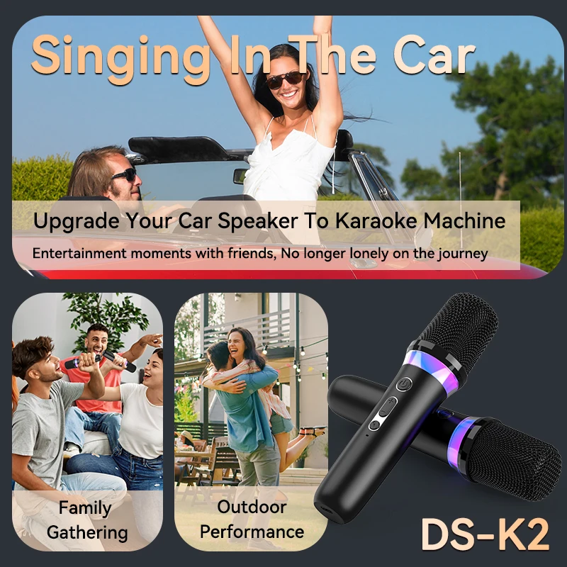 VAORLO DS-K2 가라오케 컴패니언 Bluetooth 5.3 무선 이동 코일 마이크 RGB 다채로운 빛 KTV DSP 믹서 시스템 유선 스피커/자동차 키트/PC/TV/전화용 3.5MM AUX Type-C