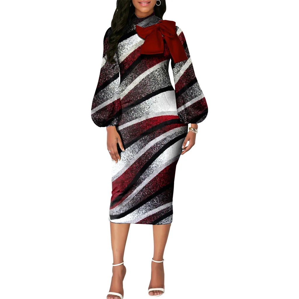 

Модное женское уличное платье, женское платье средней длины, женское платье с бантом, элегантные женские платья с длинным рукавом