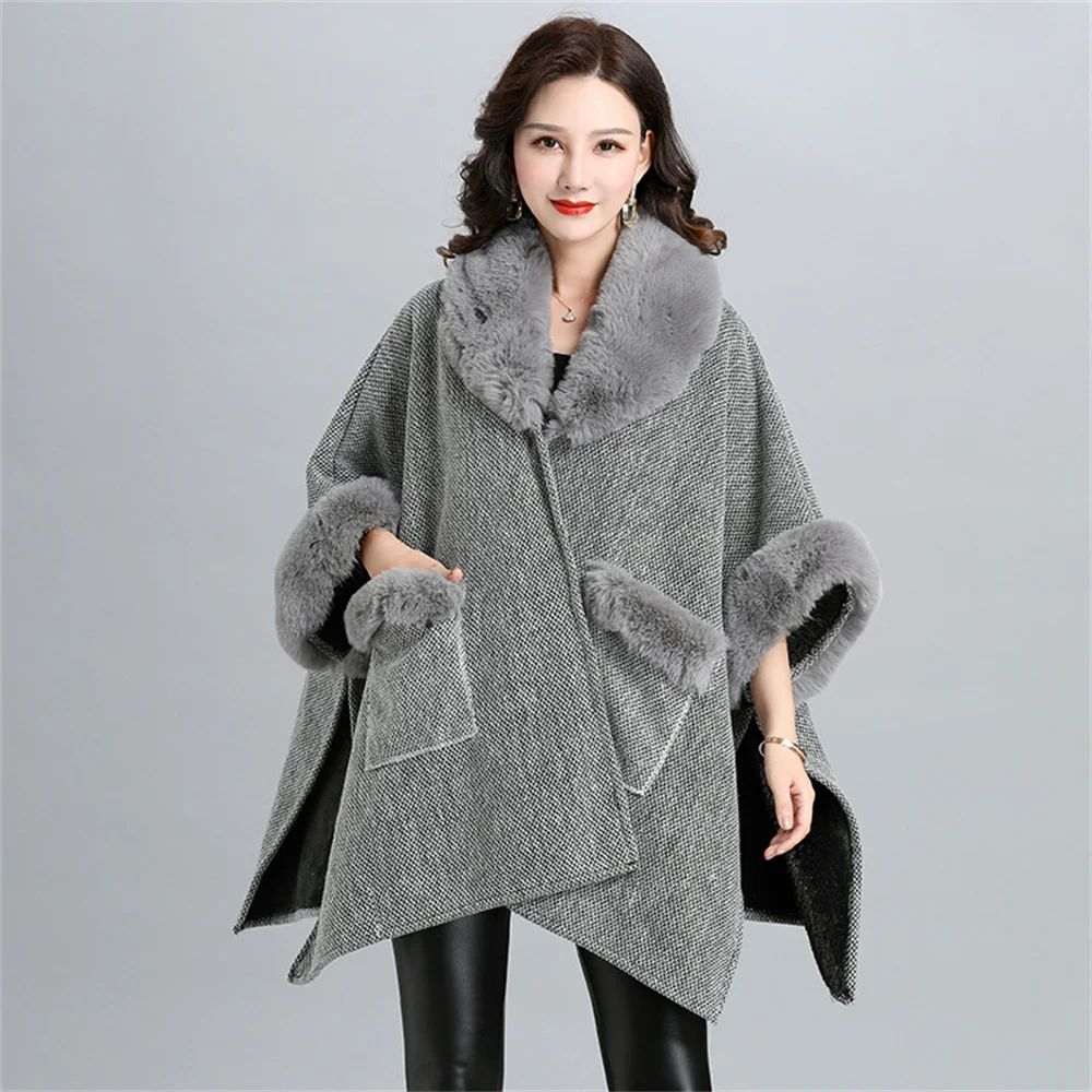 6 Colors Winter Warm Poncho Cloak Turn-down Faux Rabbit Fur Neck Loose Overcoat  Batwing Sleeves Oversize Jacket With Pocket