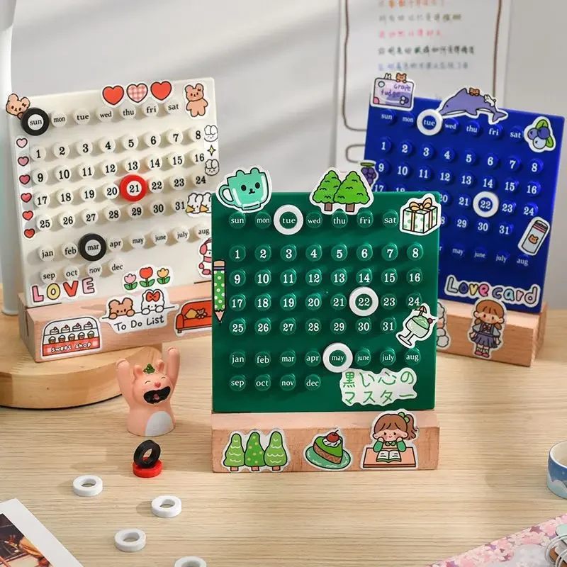 창의적인 영원한 달력 DIY 반지 세트, 원형 날짜 레코드 책상 달력, 스티커 포함, 나무 기반 책상 장식품, 어린이 선물