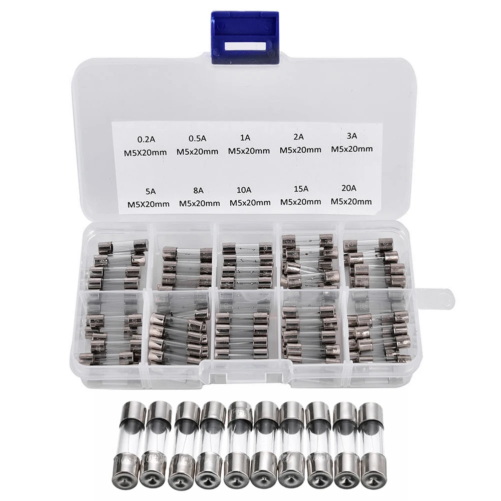 100Pcs Glass Tube Fuse Assorted Kit Amp 0.2A-20A Fast-blow Glass Tube Fuse 250V Glass Fuse Assortment Pack with Storage Box