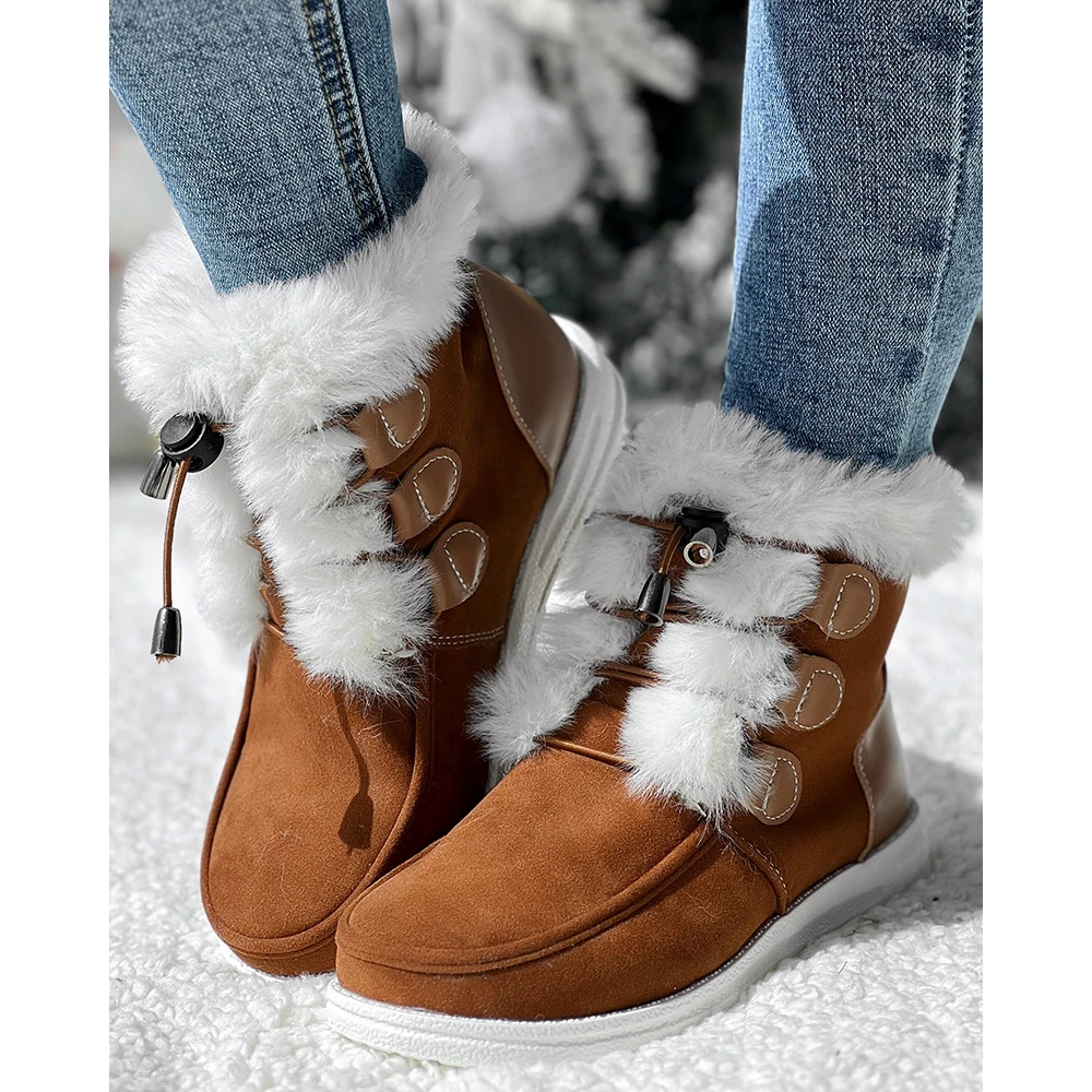Winter Fashion Pu Leather Lace-up Fuzzy Lined Ankle Boots for Women Casual Round Toe Flat Ankle Snow Short Boots Daily Korean