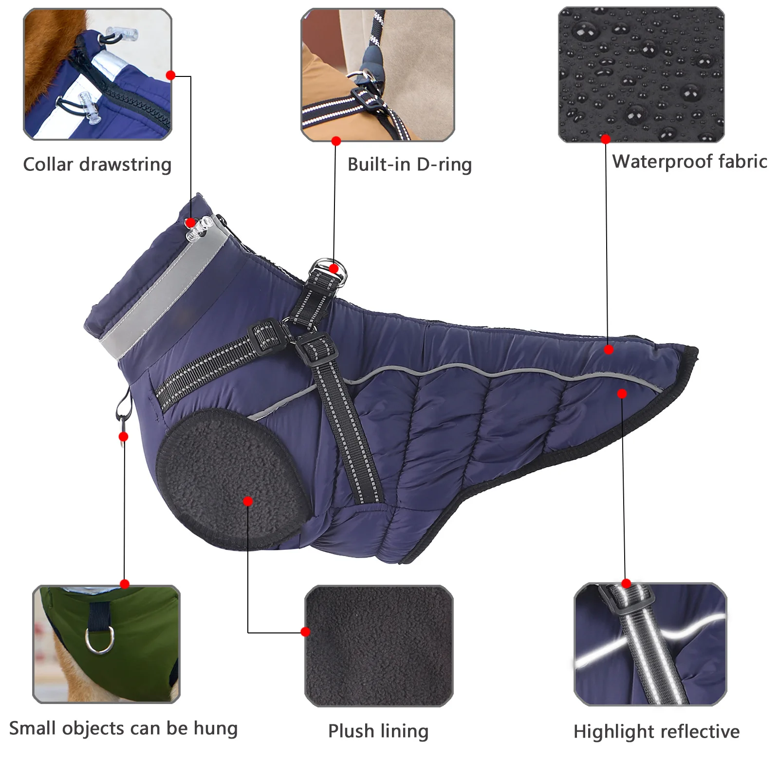 Medium and large dogs winter reflective cotton coat thick and warm dog coat night walking safety and cold proof clothing