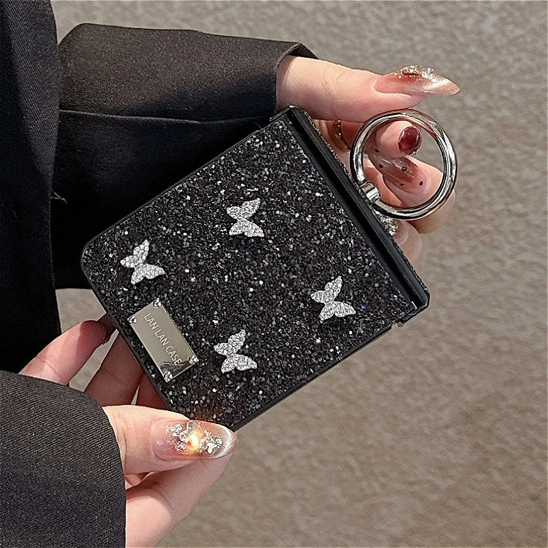 Luxury Glitter 3D Butterfly Ring Case with Shockproof Back Cover and Plain Hinge Design