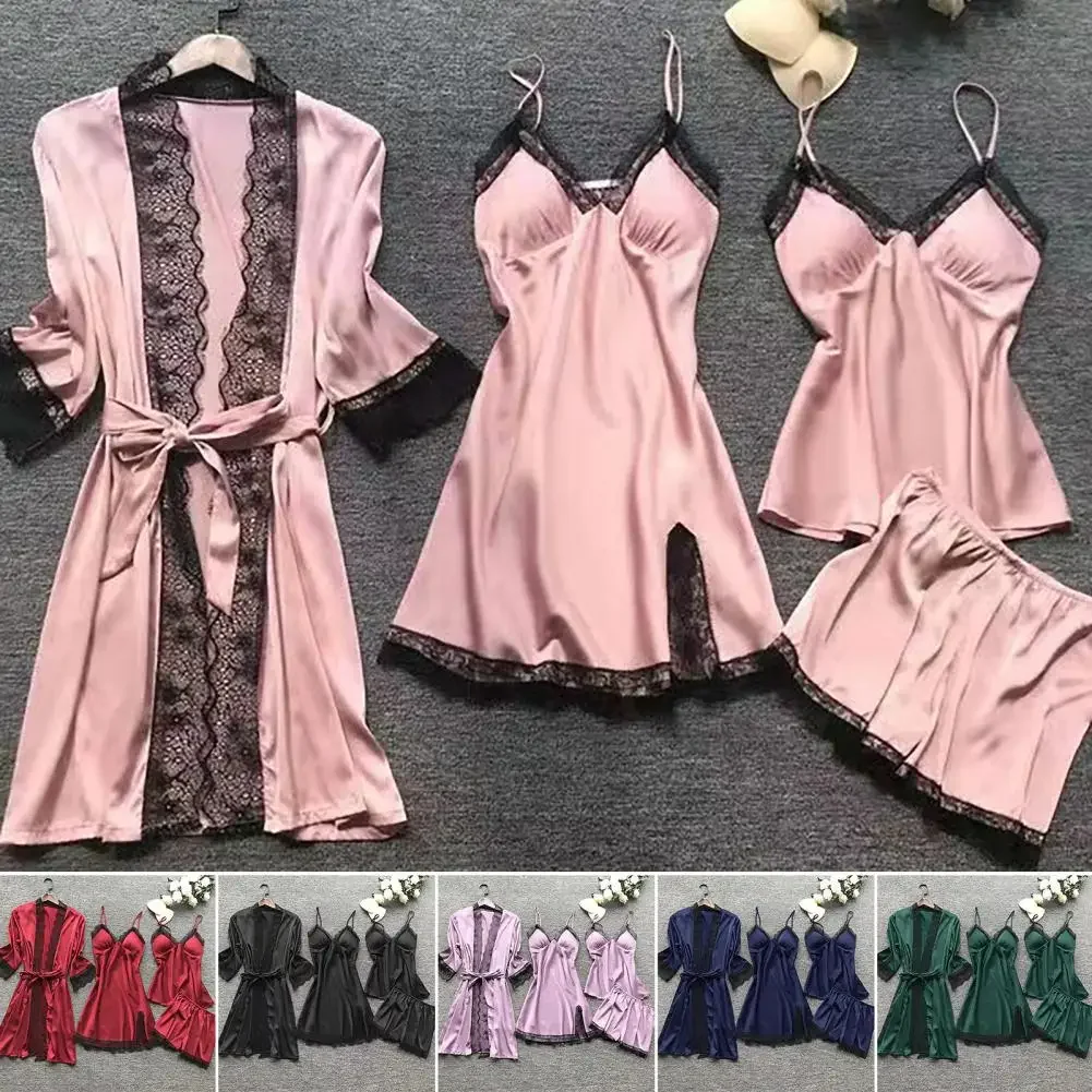 Sexy Lace Design Sleepwear Silky Lace Pajamas Set with Spaghetti Strap Top Pleated Cardigan Coat 4 Piece Homewear Set for Women