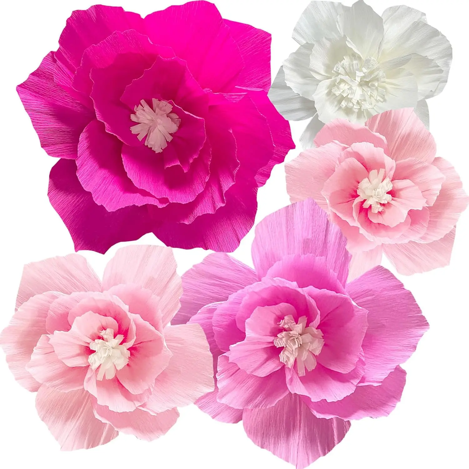 Rosa Papierblumen, künstliches Kreppgewebe, heißes Hellrosa, weiße Wanddekoration, Hochzeit, Geburtstag, Braut, Baby, Klassenzimmer, Kinderzimmer