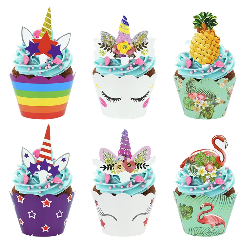 

12set Unicorn Cupcake Wrappers Cake Topper Rainforest Flamingo Dessert Table Insert Decoration Birthday Party Baby Shower Supply