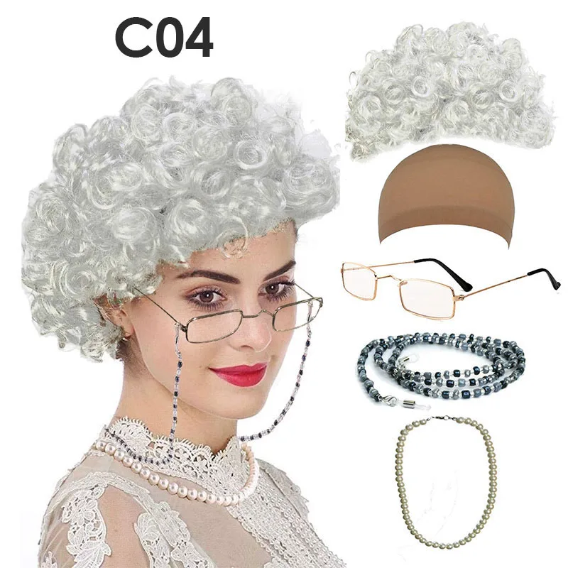 

Granny Wig Cosplay Prop Accessories Halloween Grandma Grandpa Curly Hair Seniors Performance Dress Up Suit Masquerade Role Play
