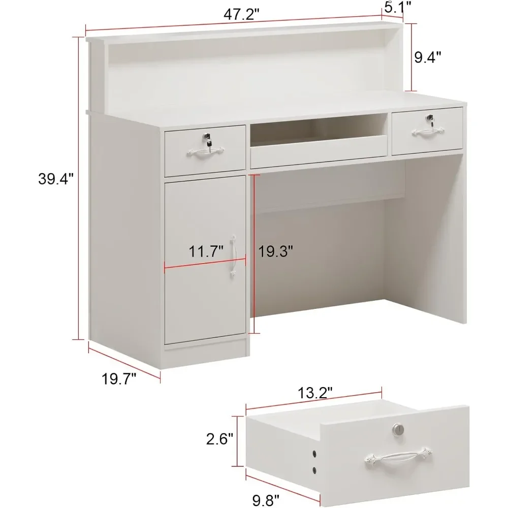 Reception Desk with Light Display Shelf & Lockable Drawers Office Desk Reception Counter Table with Keyboard Tray and Door