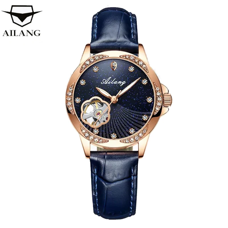 

AILANG Brand New Fashion Skeleton Mechanical Watch for Women Leather Waterproof Luxury Diamond Watch for Womens Montre Femme