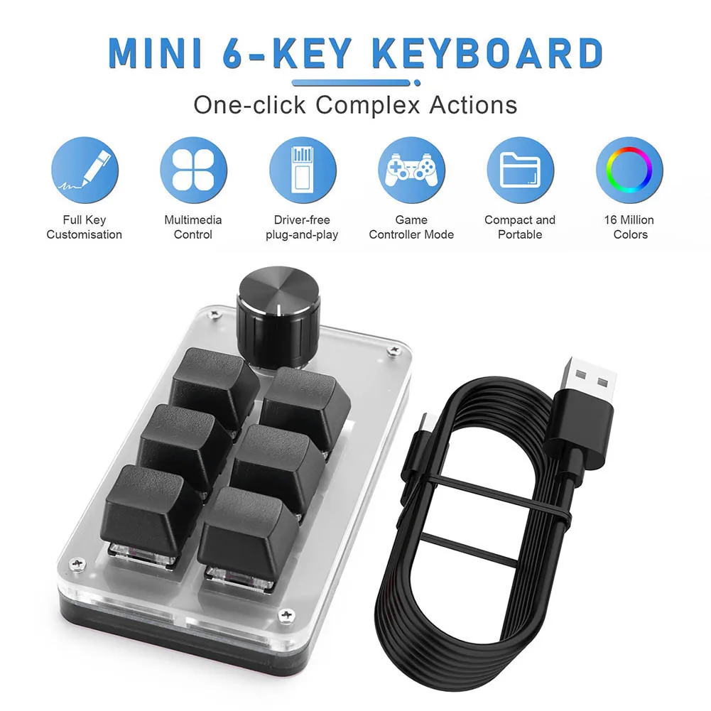 6 Key 1 Knob Programming Macro  Knob Keyboard Bluetooth-Compatible/Wired RGB Copy Paste Mini Button for Macbook PC Laptop