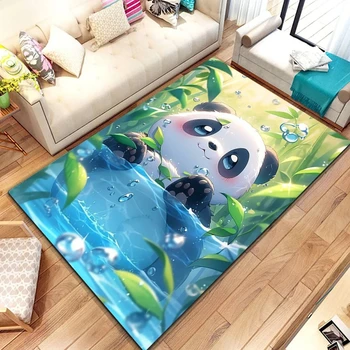 Cute Panda Area Rug for Bedroom Playroom Sofa Natural Bamboo Leaves Carpet Cartoon Wild Jungle Animal Indoor Floor Mat Doormat