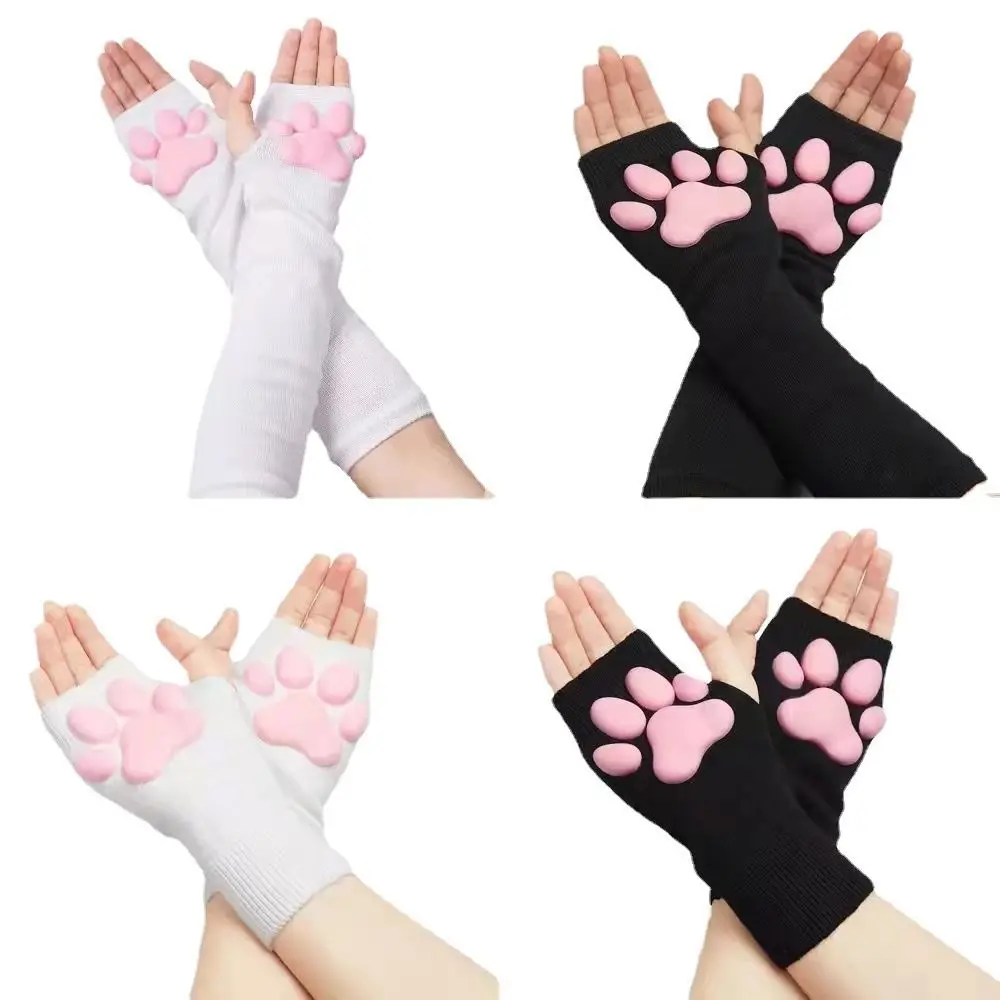 

3D Toes Beans Cat Paw Mittens Gloves Kitten Silicone Cat Claw Pad Sleeve Cashmere Breathable Fingerless Mittens Girls