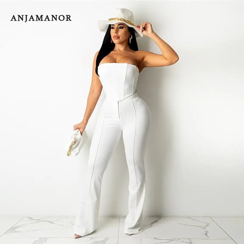 ANJAMANOR-Conjunto de dos piezas mujer, Top corto pantalones acampanados cintura alta, trajes blancos sexys y elegantes, conjuntos a juego, D29-DA44 - AliExpress Ropa de mujer