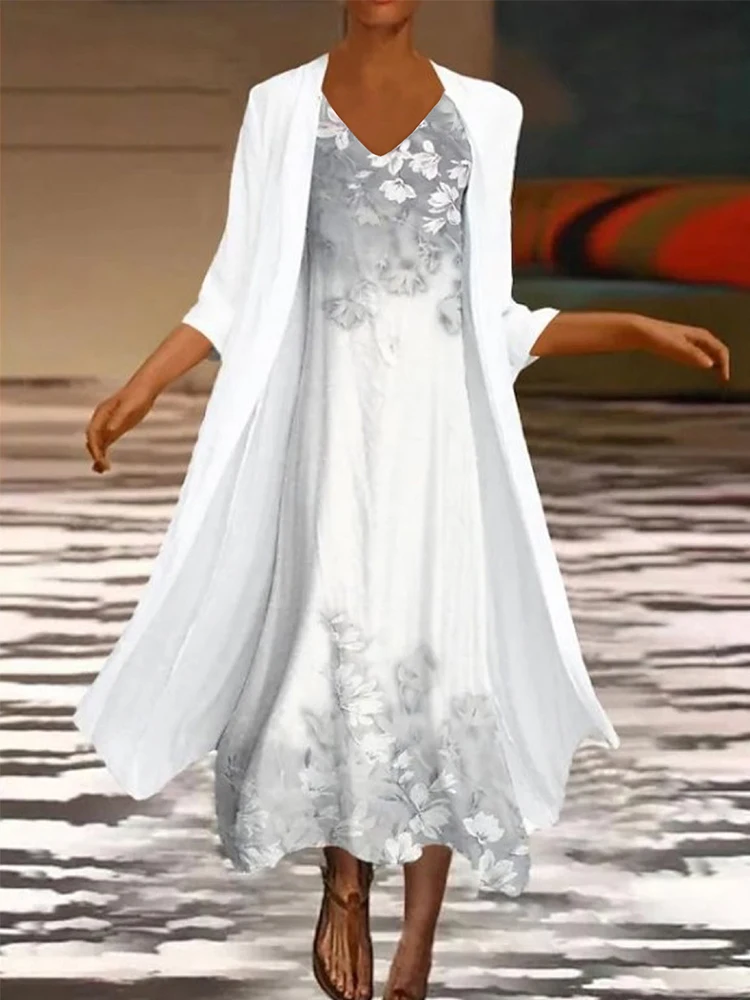 Woochic robe grande taille col en V imprimée cintrée manches longues