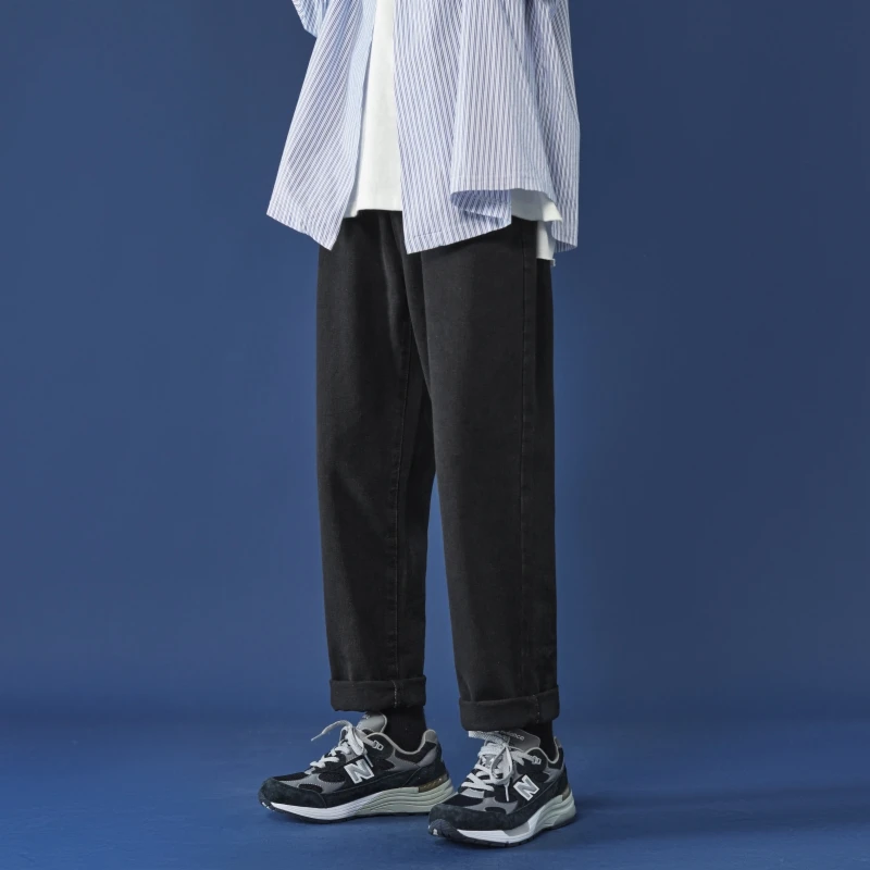 CAAYU 2023 Casual Baggy Jeans Mens Korean Streetwear Fashion Hip Hop Straight Wide Leg Trousers Couple Casual Pants Black Blue