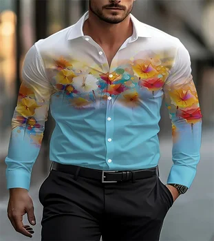Camicia da uomo divertente con stampa 3D floreale Camicia casual con bottoni risvolto Camicia a maniche lunghe Moda di strada Top larghi Autunno Abbigliamento di alta qualità 1