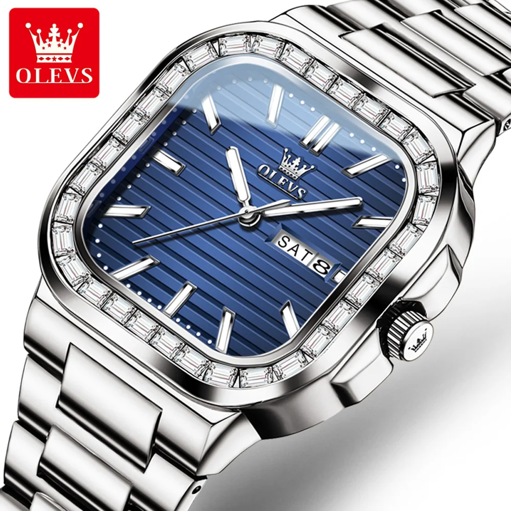 

OLEVS 9966 New Diamond Quartz Watch For Men Square Dial Dual Calendar Man Wristwatches Stainless Steel Waterproof Hand Clock