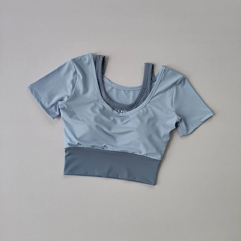 thumbnail image 1 of Falso top deportivo de dos piezas de manga corta para mujer, top deportivo transpirable de verano con sujetador, ropa de yoga de baile corta ajustada de secado rápido, 1 of 6
