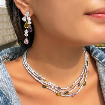Shiny Colorful Cubic Zirconia 3 Rows Multi Layer Bridal Wedding Choker Necklace Earrings Jewelry Set for Women TZ784 2