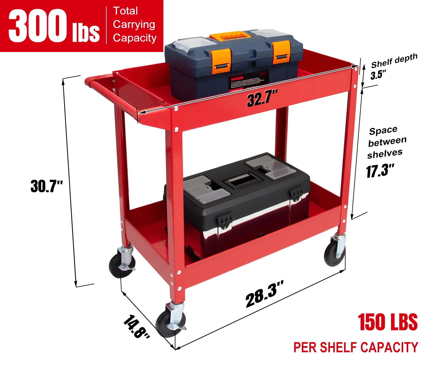 2-Tier Utility Storage Cart 300 lbs Steel Rolling Tool Cart on Wheels Load Capacity for Warehouse Workshop & Repair Shop