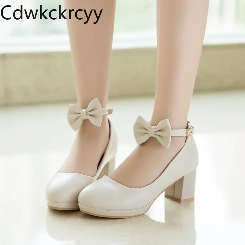 

Spring and autumn new pattern fashion Round head high-heeled Women's Shoes Sweet princess bow Buckle Women Shoes size 34-43