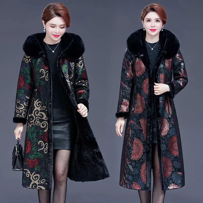 

New Wear On Both Sides Fur Jacket Women X-Long Middle-aged Woman Winter Faux Fur Coat Hooded Elegant Thick Warm Winter Overcoat