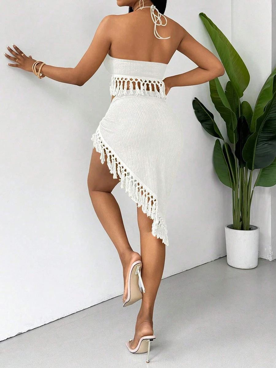 Sexy Tassels Bikini Women's Swimsuit 2025 2 Piece Swimwear Female Outfits Halter Top High Slit Skirt Set Beachwear Bathing Suits - Image 3