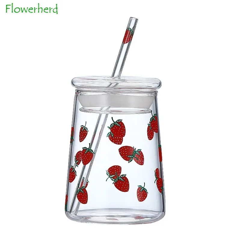 Large Capacity Water Bottle with Straw Cute Strawberry Glass Cup with Lid Heat-resistant Tumbler Cup Glass Bottle Drinkware