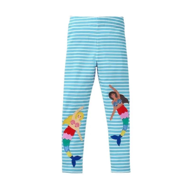 Jumping Meters Girls Blue Leggings Pants Mermaid Embroidery Autumn Spring Full Length Kids Trousers Stripe Toddler Pencil Pants