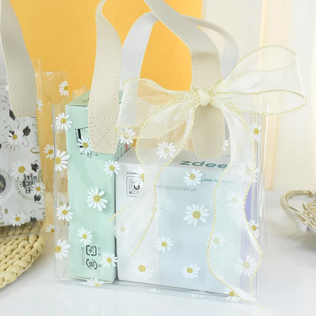 Clear Daisy Print Pvc Gift Bag With Ribbon - Perfect For Weddings, Parties,  And Holidays - Portable And Stylish Gift Packaging - Temu