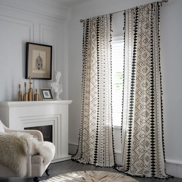Boho Baumwolle Leinen Vorhang Amerikanischen Quaste Fertigen Schwarz und  Weiß Gedruckt Curtins für Wohnzimmer Schlafzimmer Küche